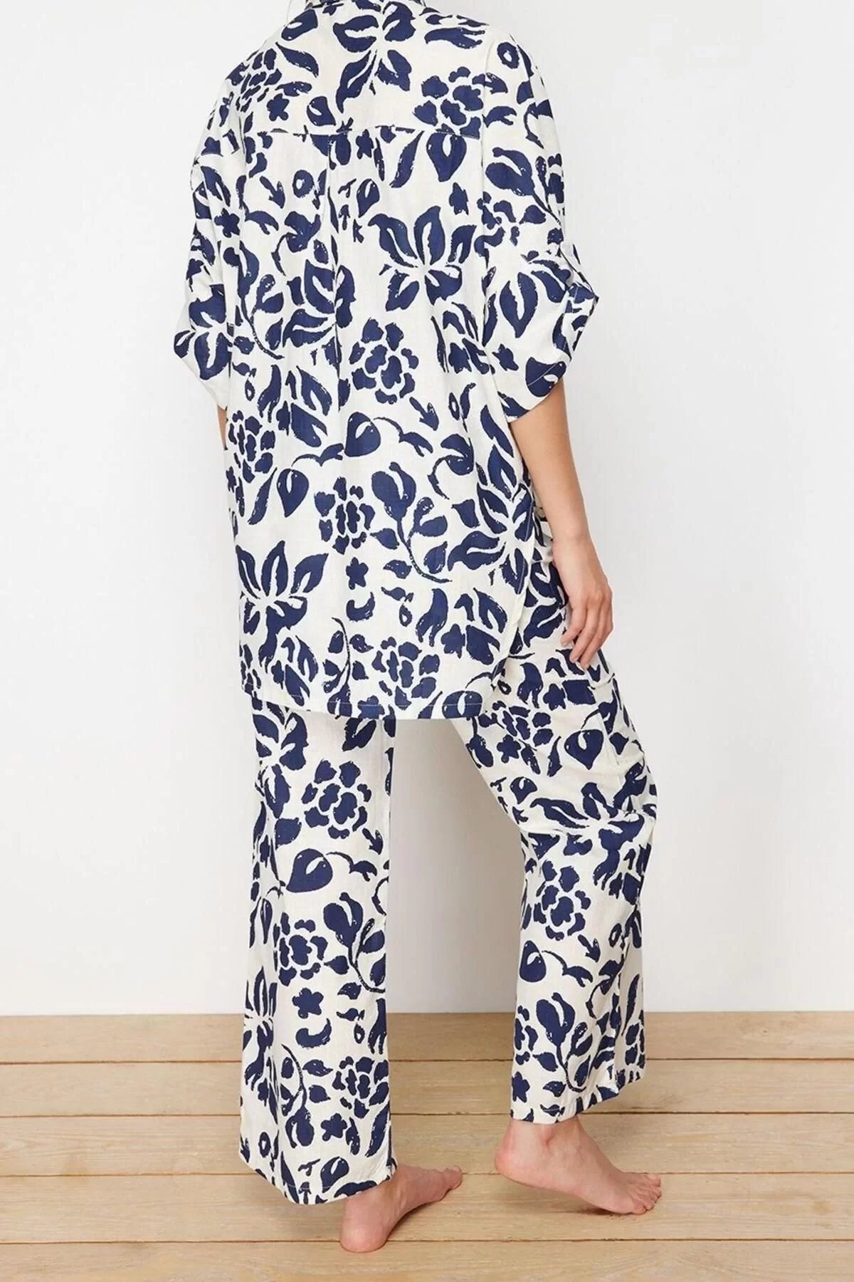 Fashion Woven Floral Shirt Collar Beach Woven Kimono Pants Set