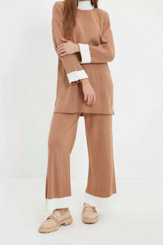 Fashion High Waist Half Turtleneck Low Sleeve Stand Collar Ribbed Sweater-Pants Knitwear Set