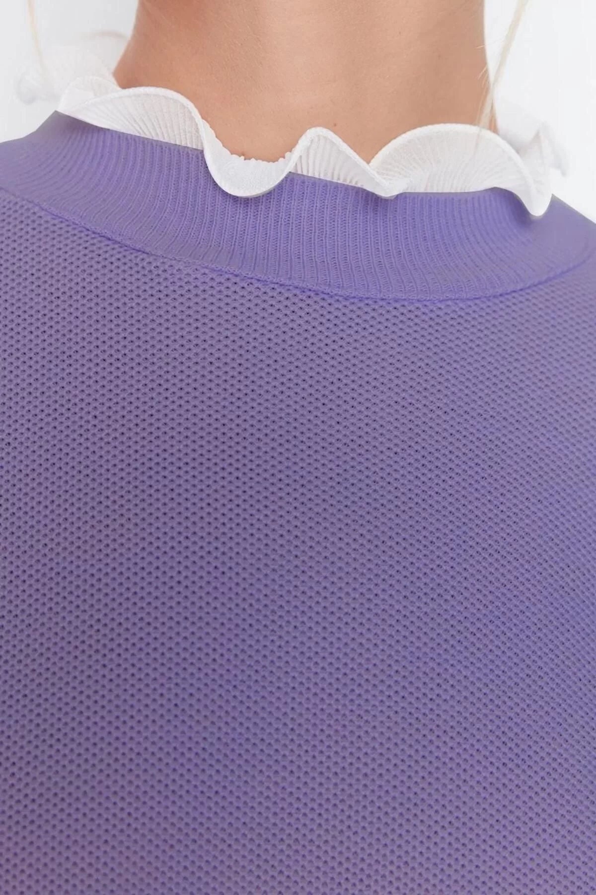 Fashion High Waist Crew Neck Low Sleeve Daily Lilac Pearl and Tulle Detailed Sweater-Pants Knitwear Set