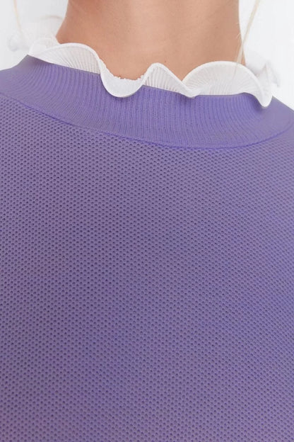 Fashion High Waist Crew Neck Low Sleeve Daily Lilac Pearl and Tulle Detailed Sweater-Pants Knitwear Set