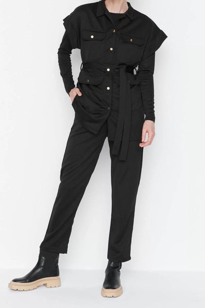 Fashion Knitted High Waist Plain V Neck Formal Black Tied Waist Scuba Vest-Pants Knitted Set