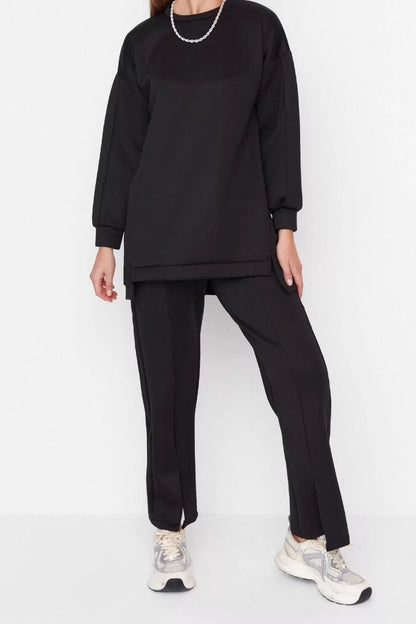 Fashion High Waist Stand Collar Low Sleeve Daily Slit Detailed Scuba Tunic-Pants Knitted Bottom-Top Set