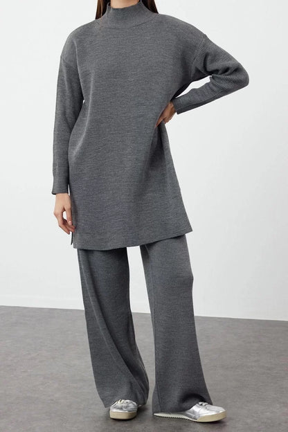 Fashion Plain Turtleneck Low Sleeve Casual Daily Slit Wide Leg Knitwear Top-Bottom Set