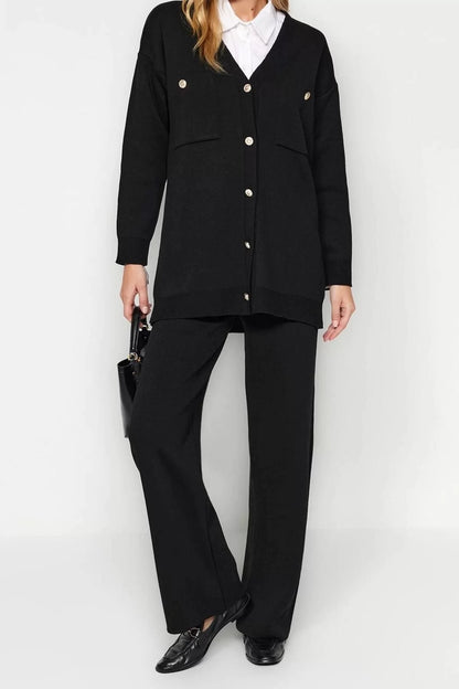 Fashion Plain V Neck Low Sleeve Casual Daily Black Buttoned Cardigan-Pants Knitwear Bottom-Top Set