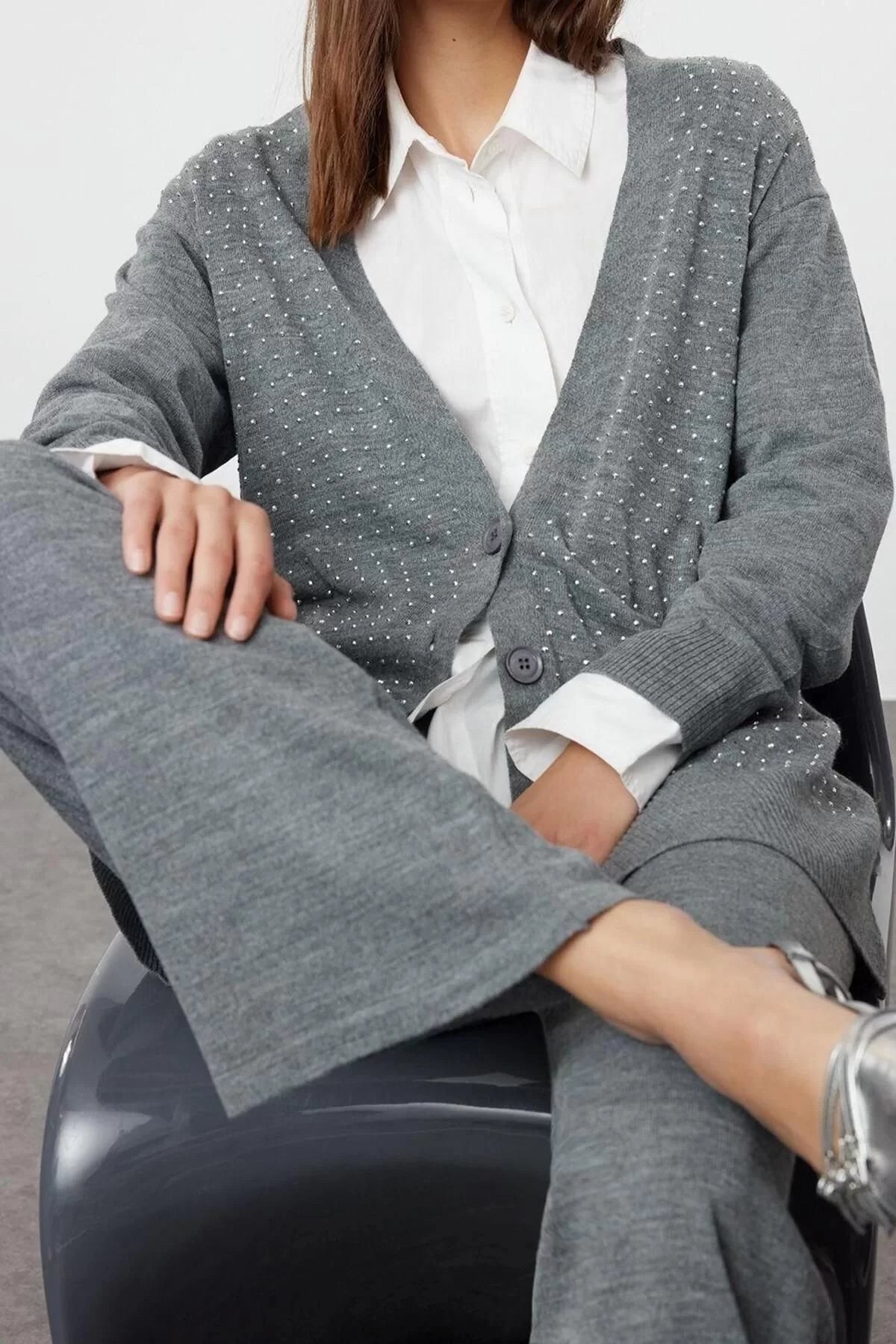 Fashion Knitwear Plain V Neck Low Sleeve Casual Daily Stone Cardigan-Pants Knitwear Bottom-Top Set