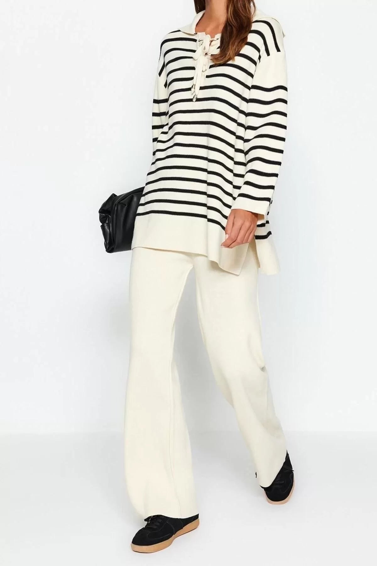 Fashion Square Neck Low Sleeve Casual Daily Collar Tie Detailed Sweater-Pants Knitwear Bottom-Top Set