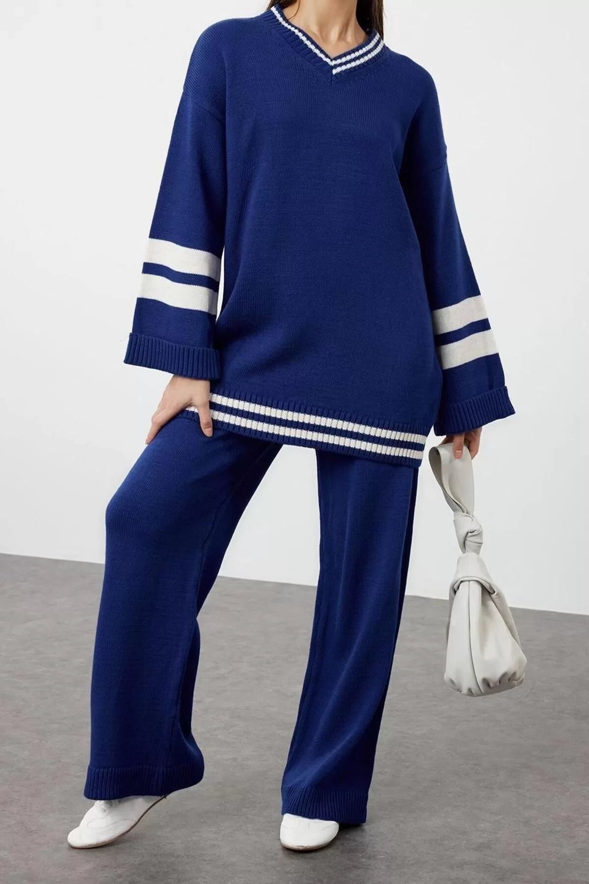 Fashion Color Block Low Sleeve Casual Daily Indigo Color Block Striped Knitwear Top-Bottom Set