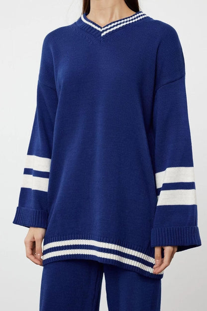 Fashion Color Block Low Sleeve Casual Daily Indigo Color Block Striped Knitwear Top-Bottom Set