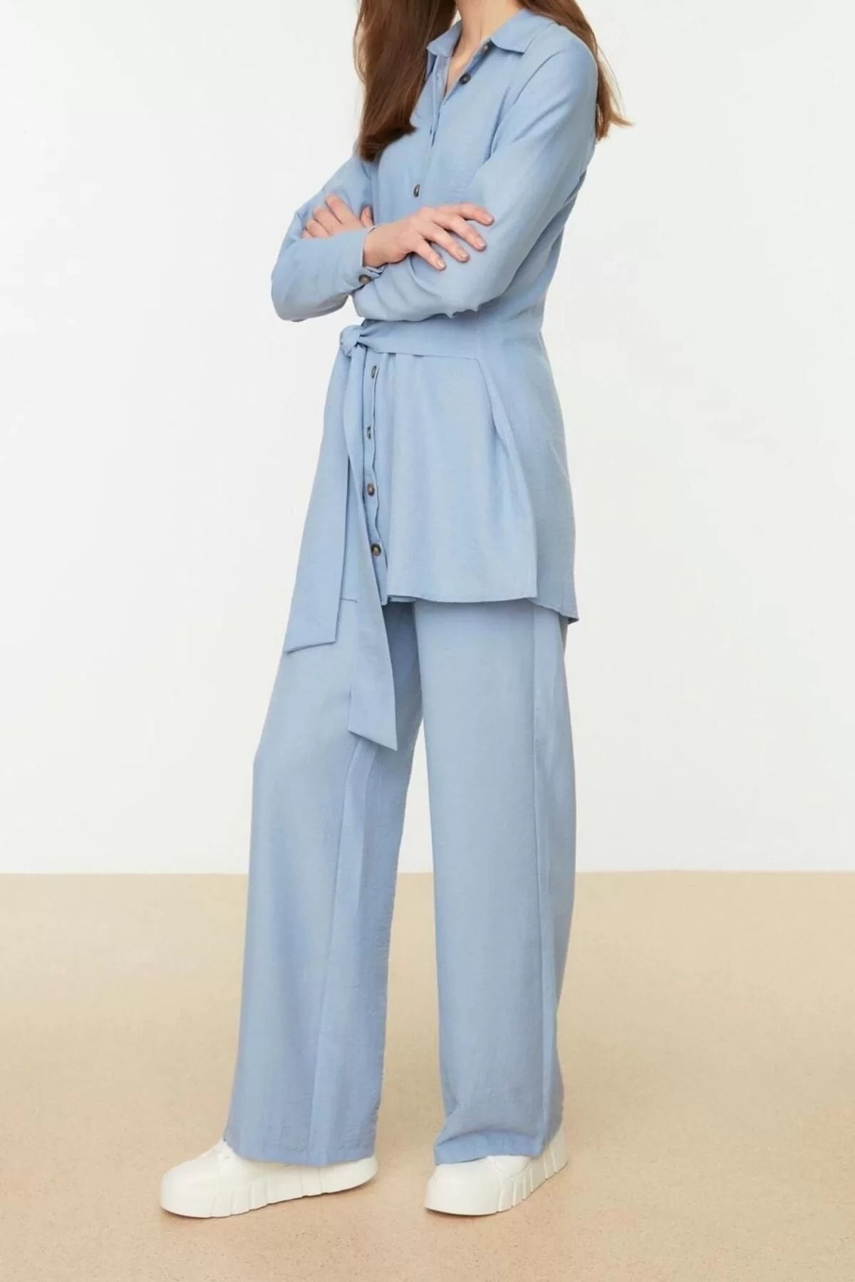 Fashion High Waist Shirt Collar Casual Daily Belted Wide Leg Woven Aerobin Shirt-Pants Set