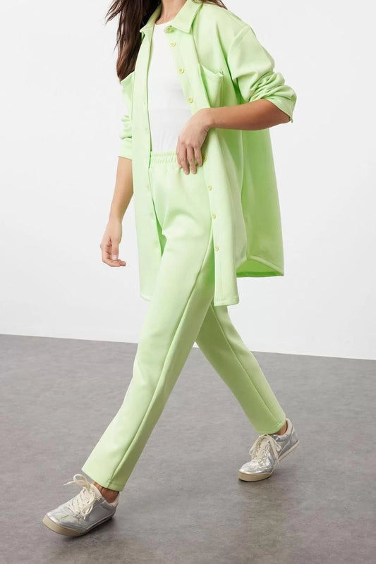 Fashion Knitted Plain Casual Daily Light Green Pocket Detailed Shirt-Pants Knitted Set