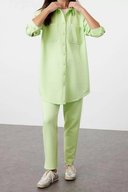 Fashion Knitted Plain Casual Daily Light Green Pocket Detailed Shirt-Pants Knitted Set