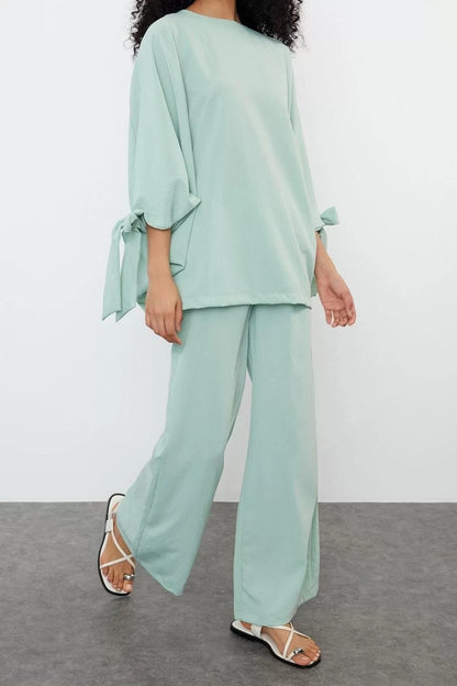 Fashion Crew Neck Bat Sleeve Casual Daily Mint Bat Sleeve Woven Aerobin Tunic-Pants Set