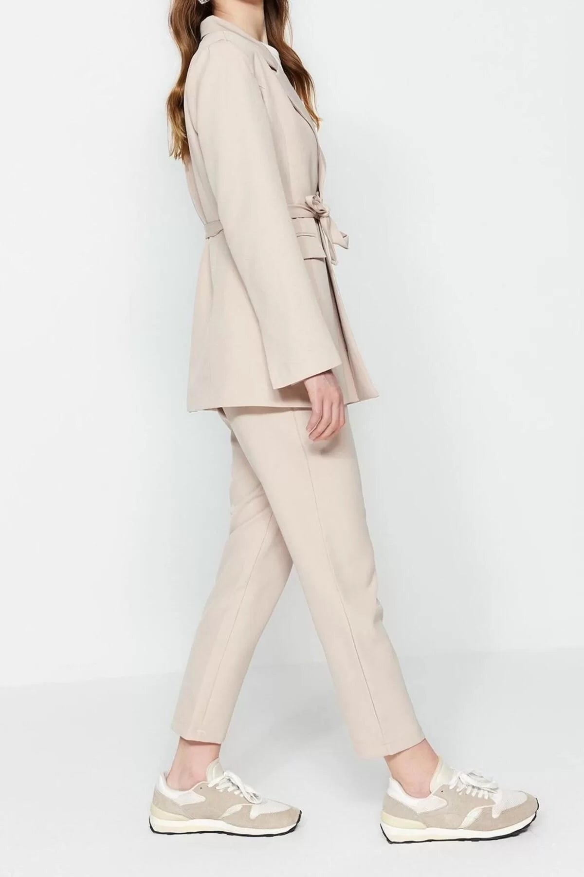 Fashion High Waist Jacket Collar Casual Tie Detailed Lined Crepe Jacket-Pants Woven Bottom-Top Set