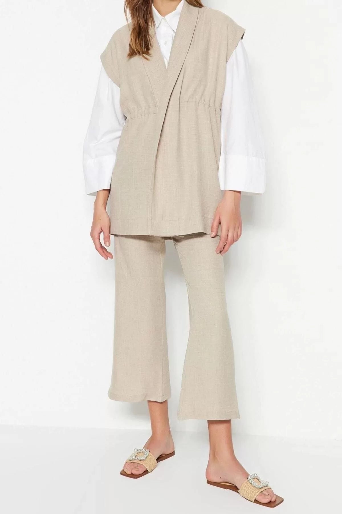 Fashion High Waist Jacket Collar Low Sleeve Internal Tie Linen Look Kimono-Pants Woven Suit