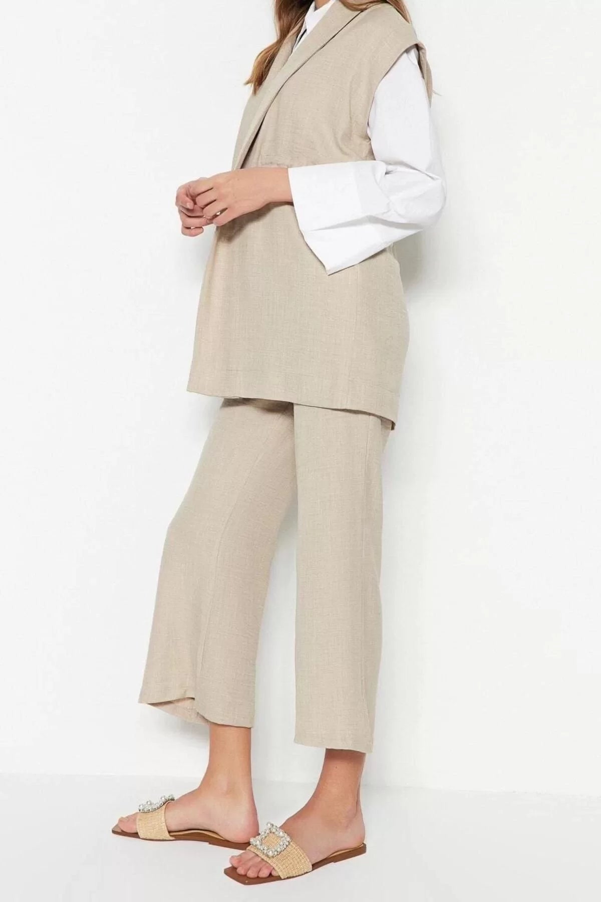 Fashion High Waist Jacket Collar Low Sleeve Internal Tie Linen Look Kimono-Pants Woven Suit