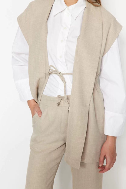 Fashion High Waist Jacket Collar Low Sleeve Internal Tie Linen Look Kimono-Pants Woven Suit