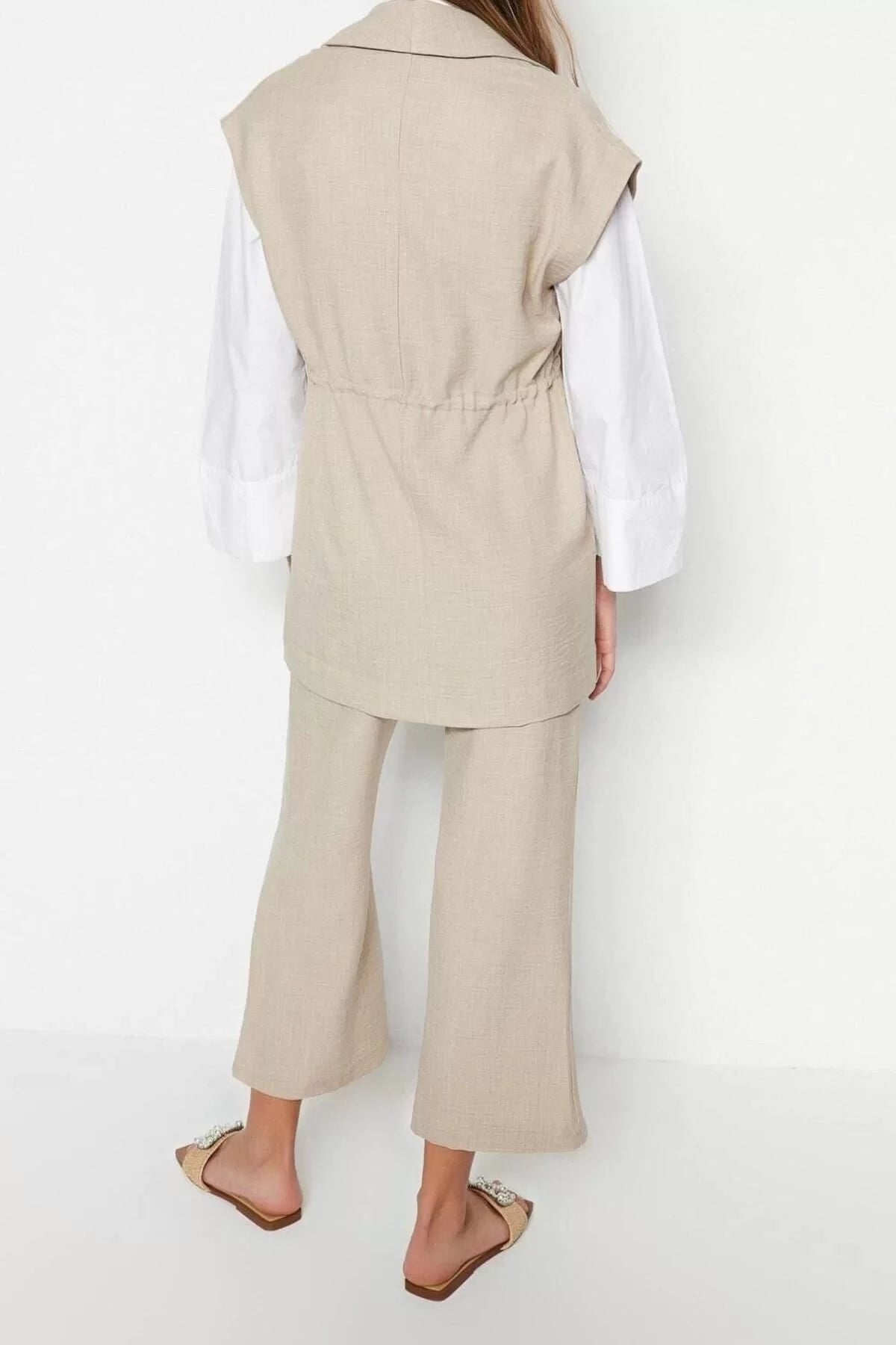 Fashion High Waist Jacket Collar Low Sleeve Internal Tie Linen Look Kimono-Pants Woven Suit