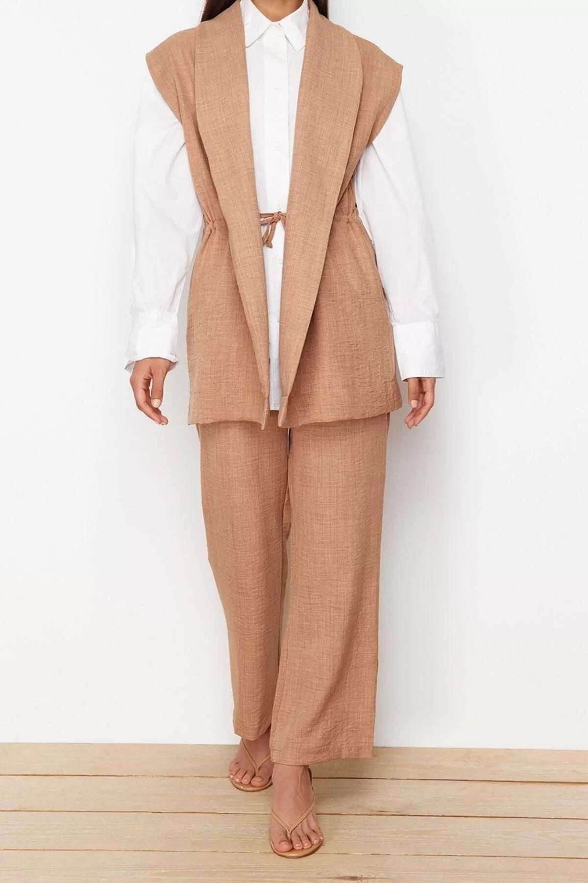 Fashion High Waist Jacket Collar Low Sleeve Internal Tie Linen Look Kimono-Pants Woven Suit