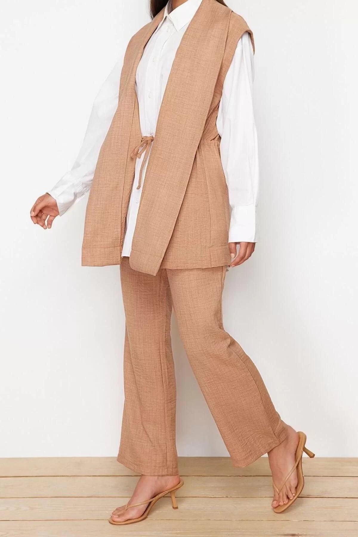 Fashion High Waist Jacket Collar Low Sleeve Internal Tie Linen Look Kimono-Pants Woven Suit