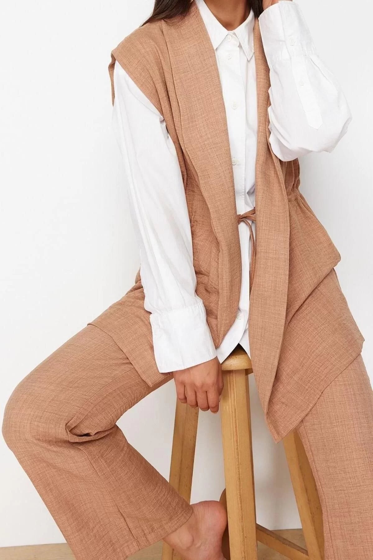 Fashion High Waist Jacket Collar Low Sleeve Internal Tie Linen Look Kimono-Pants Woven Suit