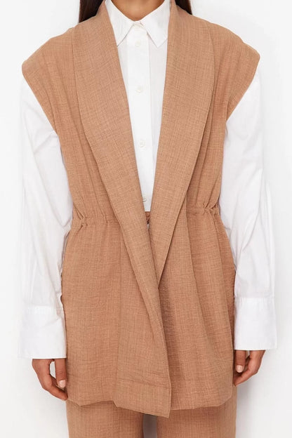 Fashion High Waist Jacket Collar Low Sleeve Internal Tie Linen Look Kimono-Pants Woven Suit