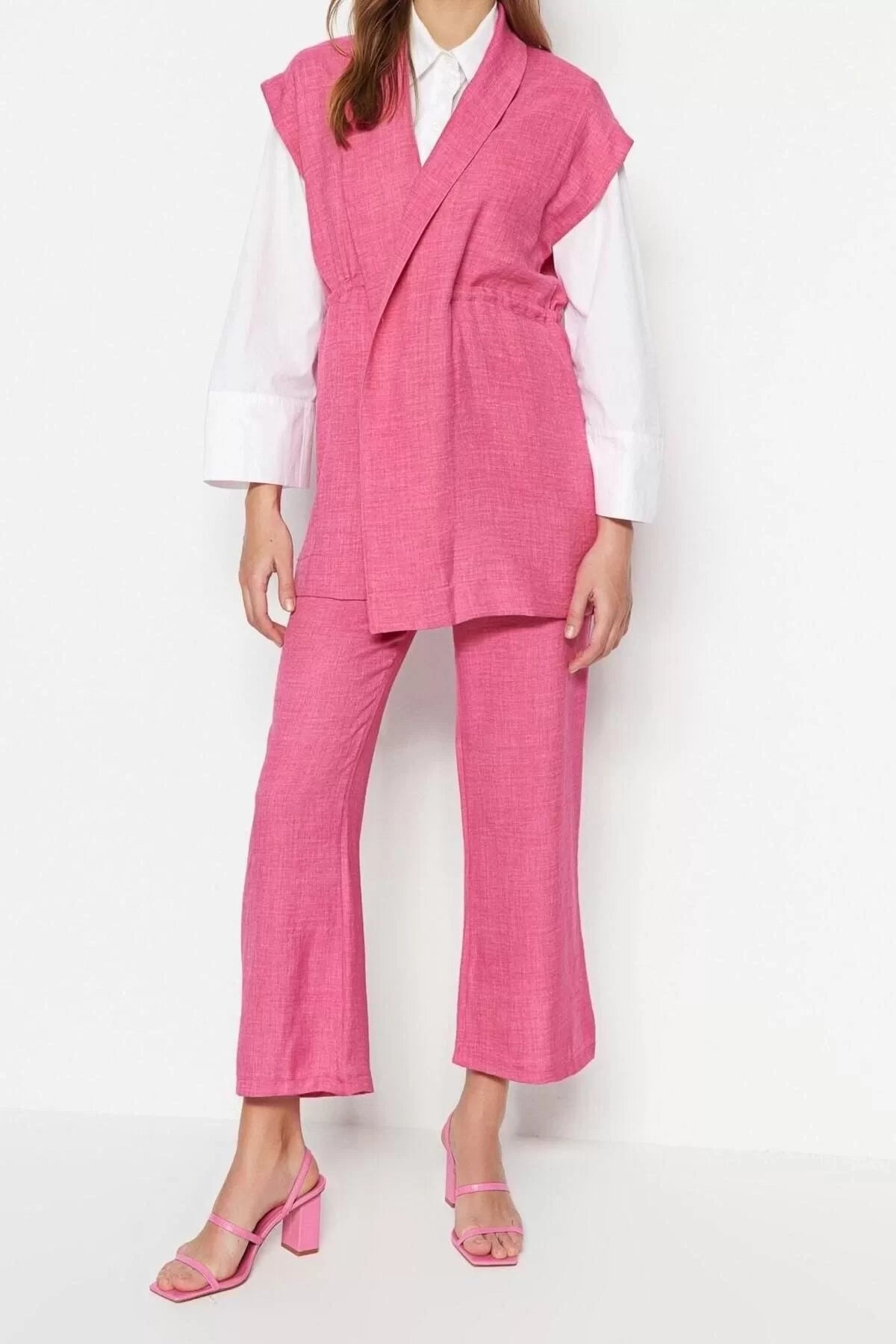 Fashion High Waist Jacket Collar Low Sleeve Internal Tie Linen Look Kimono-Pants Woven Suit