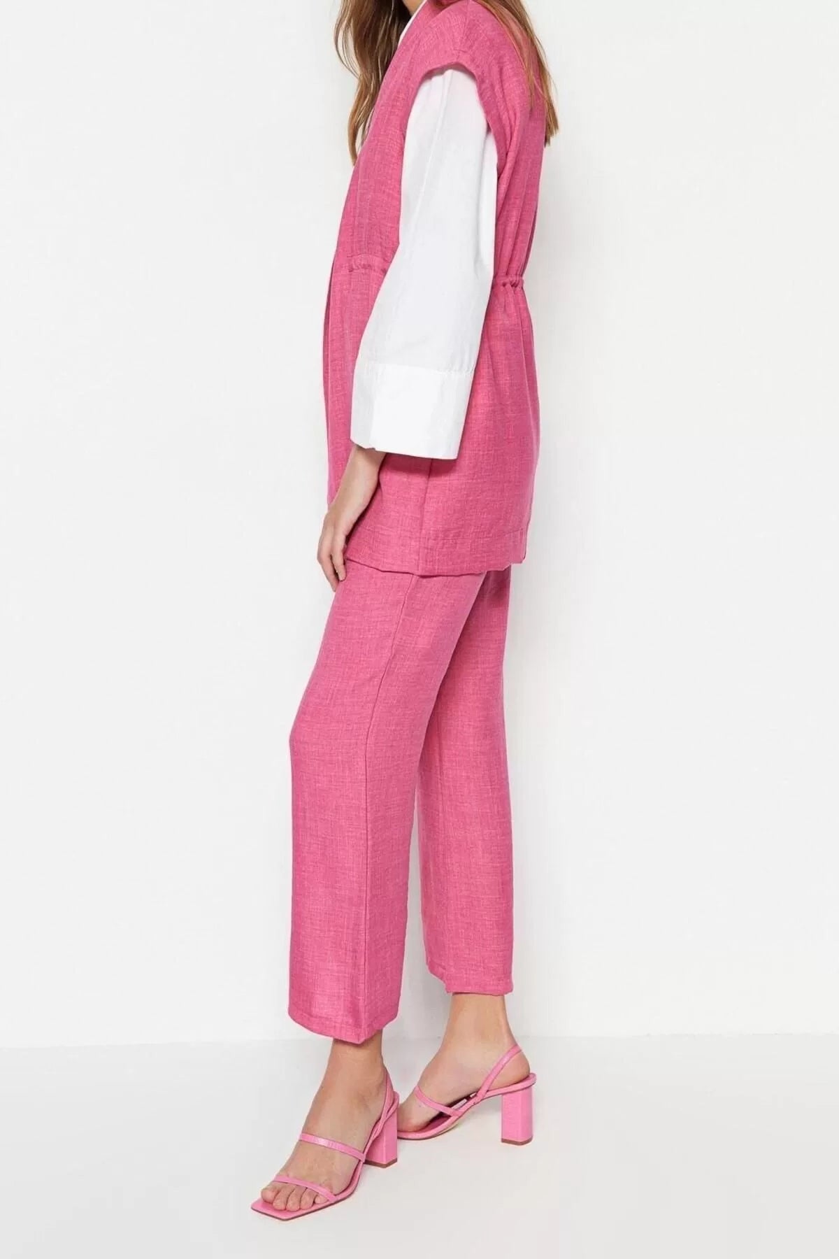 Fashion High Waist Jacket Collar Low Sleeve Internal Tie Linen Look Kimono-Pants Woven Suit