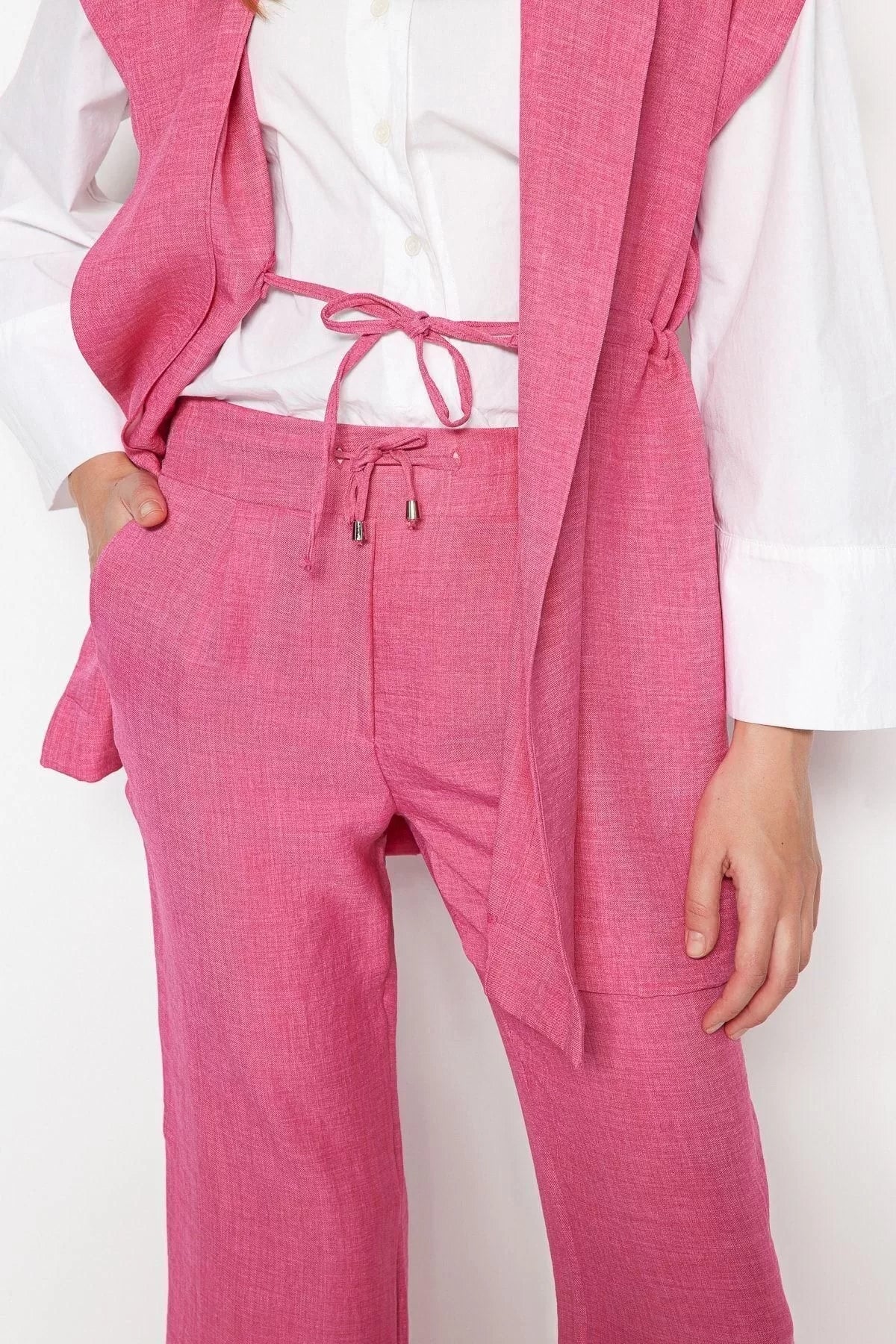 Fashion High Waist Jacket Collar Low Sleeve Internal Tie Linen Look Kimono-Pants Woven Suit