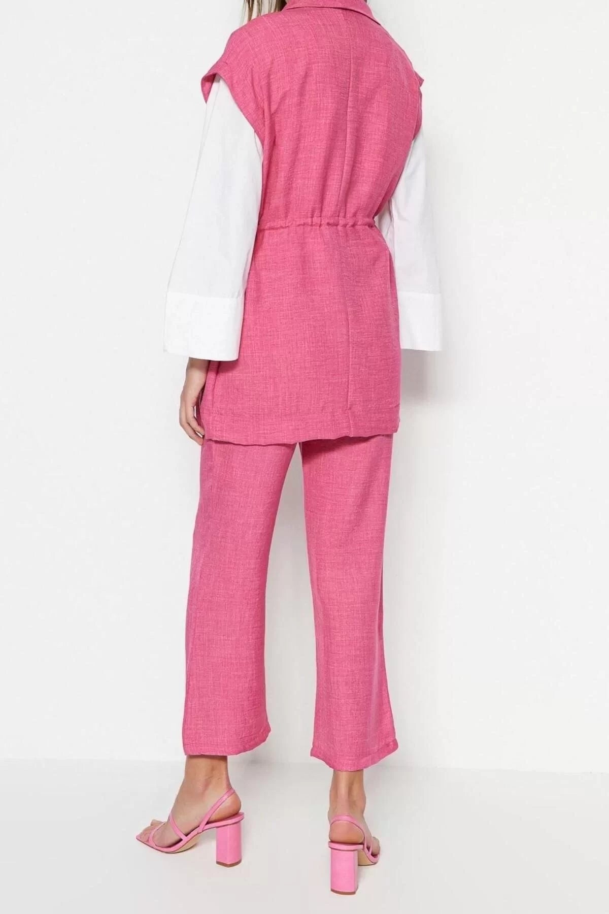 Fashion High Waist Jacket Collar Low Sleeve Internal Tie Linen Look Kimono-Pants Woven Suit