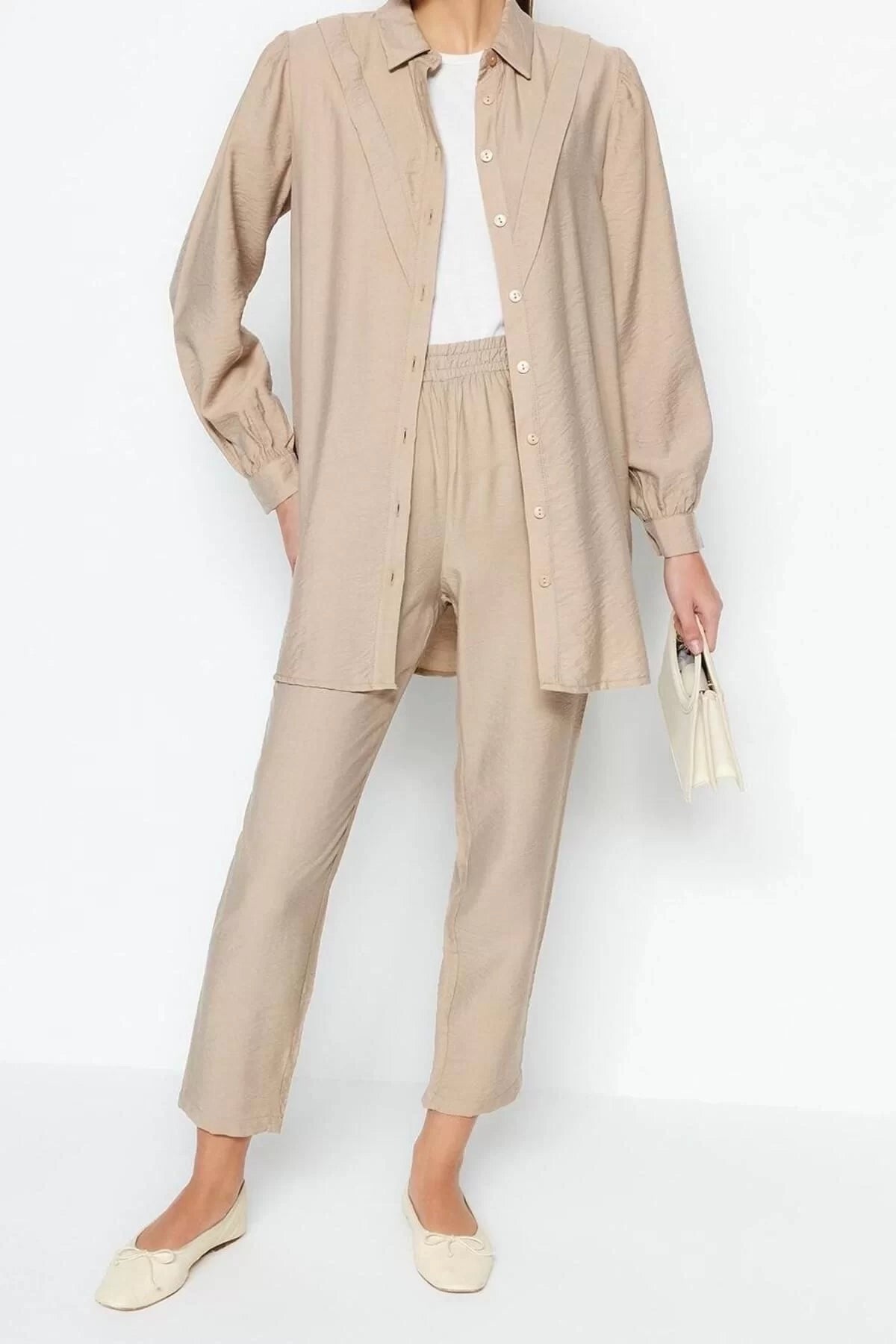 Fashion Woven Plain Shirt Collar Low Sleeve Casual Daily Linen Look Shirt-Pants Woven Suit