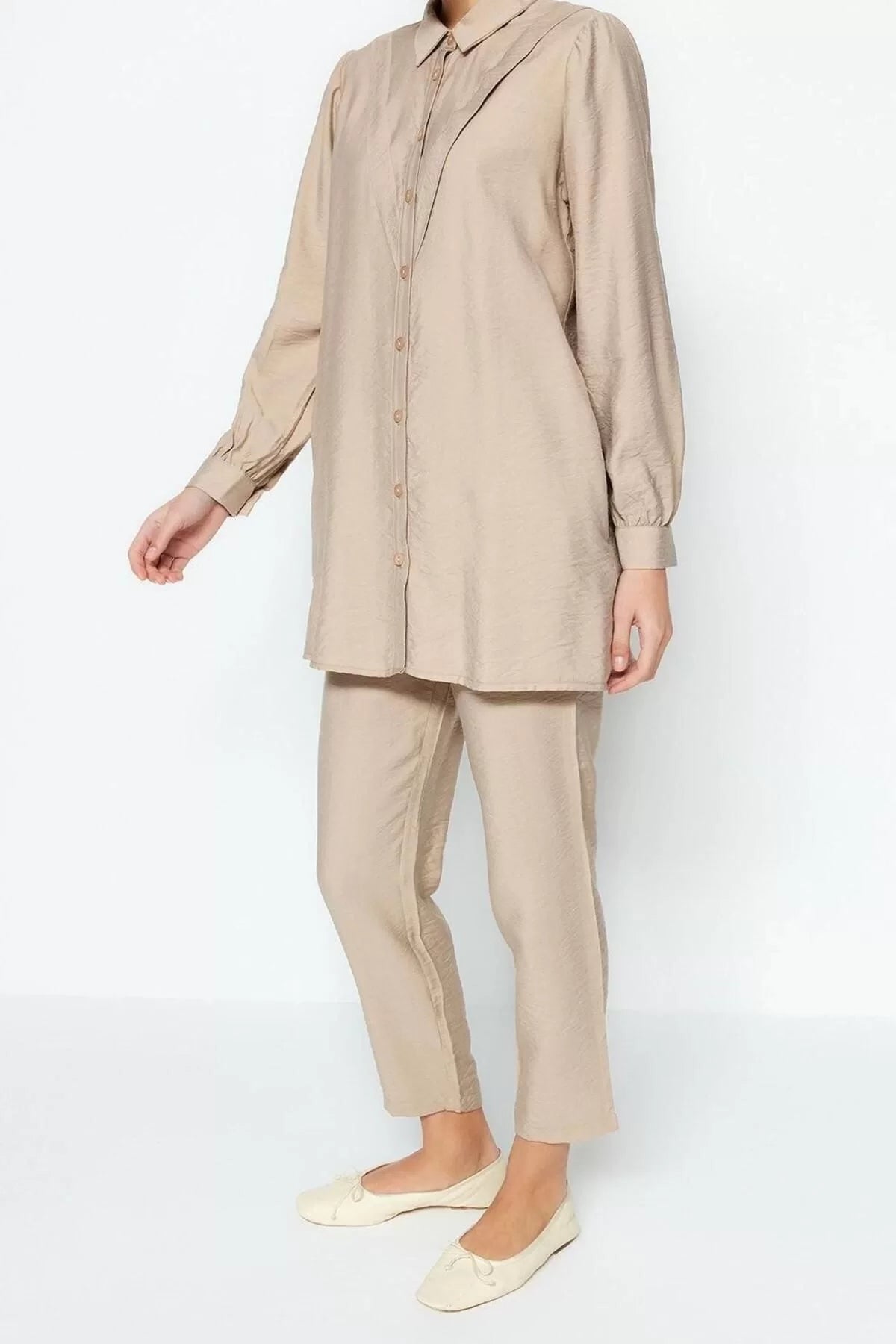 Fashion Woven Plain Shirt Collar Low Sleeve Casual Daily Linen Look Shirt-Pants Woven Suit