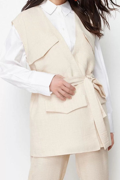 Fashion Woven Plain Low Sleeve Casual Daily Stone Linen Look Vest Trousers Woven Bottom Top Set