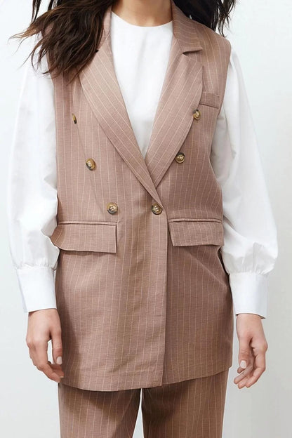 Fashion Striped Jacket Collar Formal Mink Striped Fabric Vest Trousers Woven Bottom Top Set