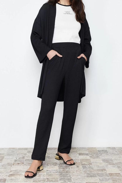 Fashion Knitted Plain Casual Daily Crepe Knitted Kimono Trousers Top-Bottom Set