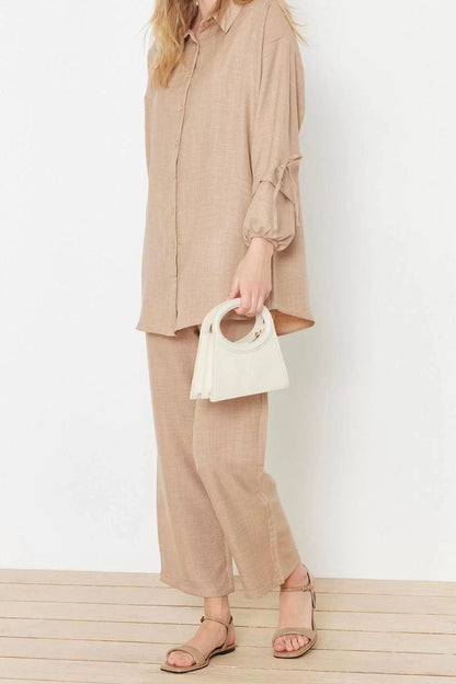 Fashion Woven Plain Low Sleeve Casual Daily Powder Linen Look Woven Bottom-Top Set