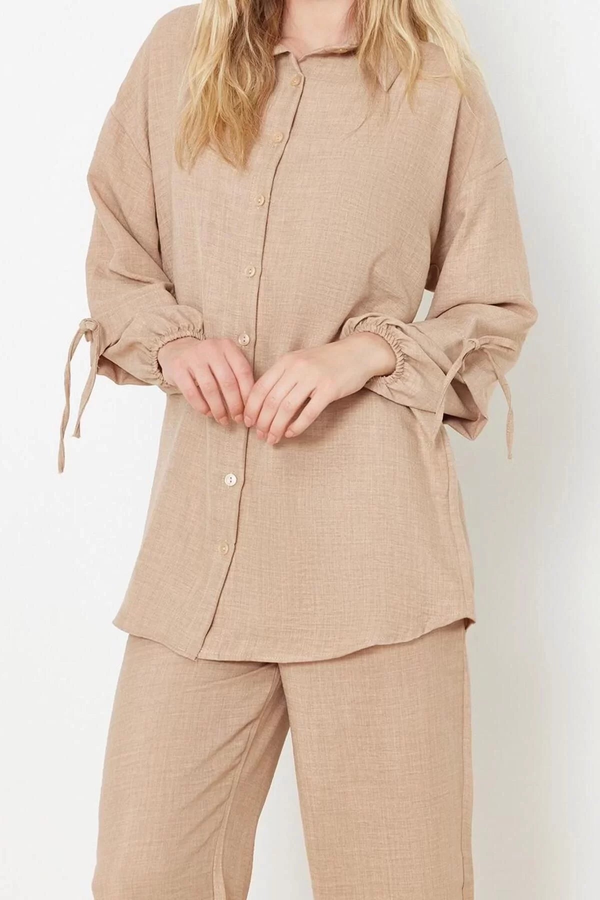 Fashion Woven Plain Low Sleeve Casual Daily Powder Linen Look Woven Bottom-Top Set