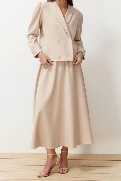 Fashion Woven Plain Balloon Sleeve Casual Daily Mink Woven Fabric Jacket Skirt Bottom-Top Set