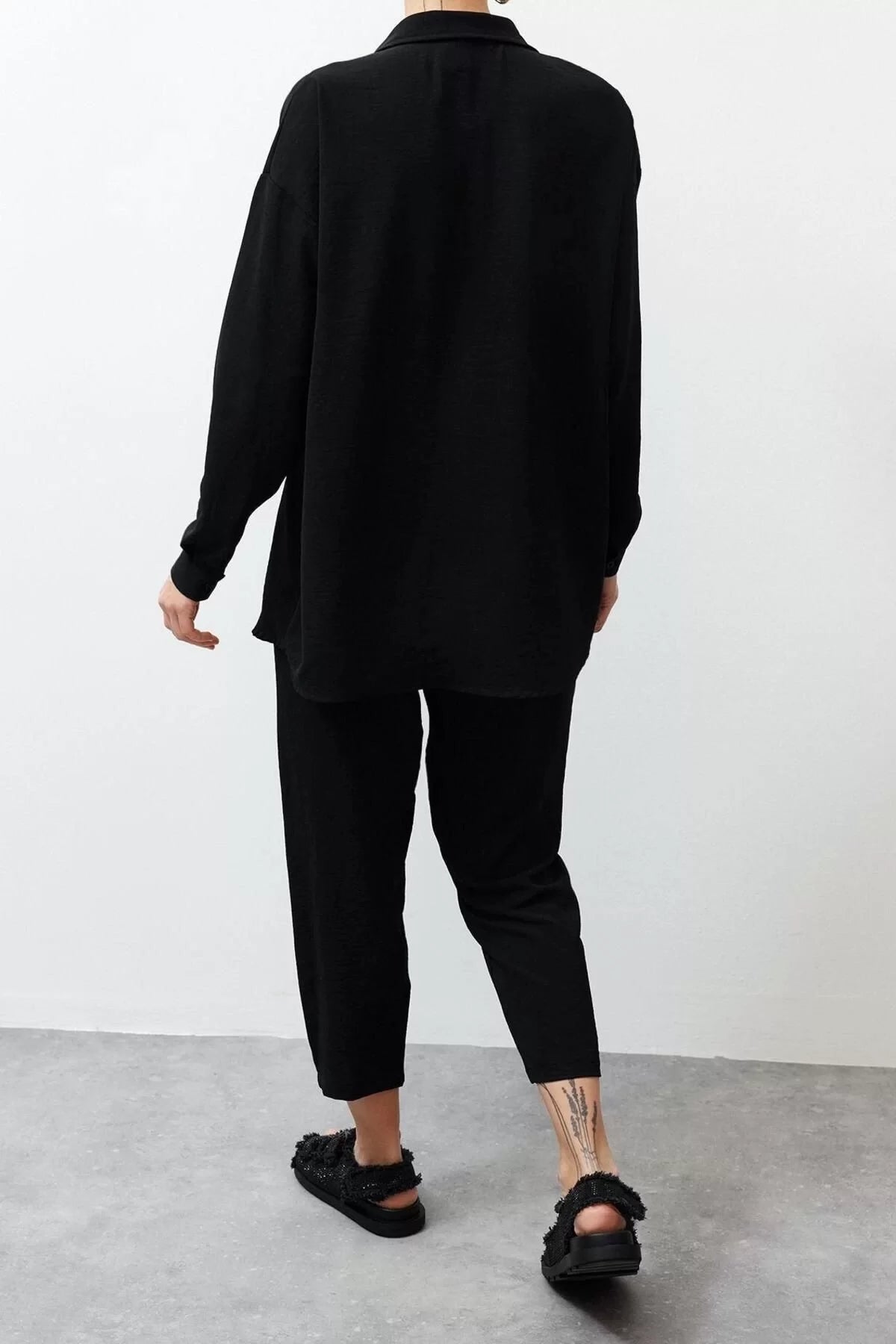 Fashion Knitted Plain Crew Neck Casual Daily Black Woven Bottom-Top Set