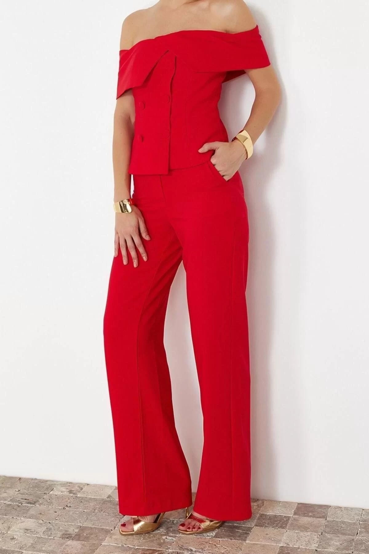 Fashion Woven Plain Carmen Collar Stylish Night Red Woven Stylish Bottom-Top Set