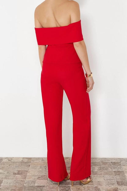 Fashion Woven Plain Carmen Collar Stylish Night Red Woven Stylish Bottom-Top Set