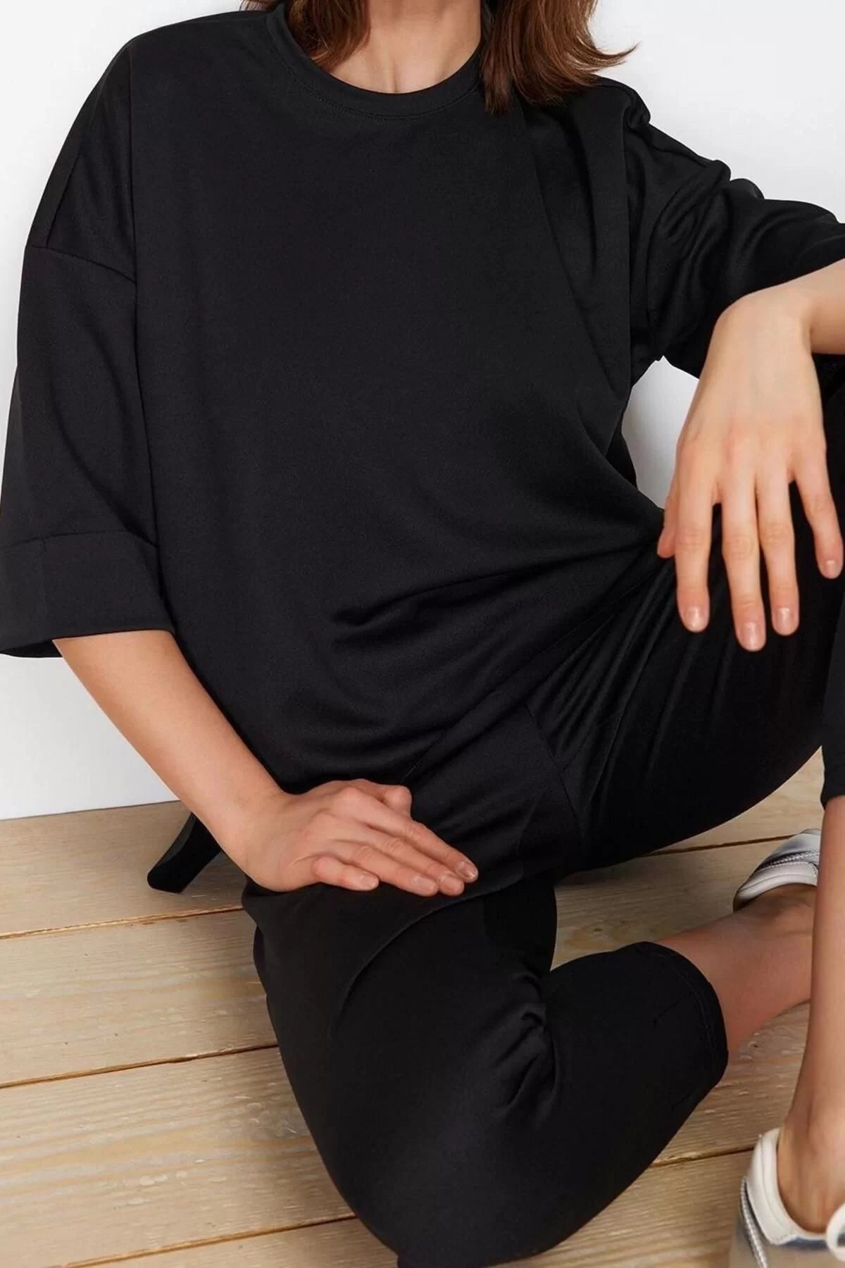 Fashion Knitted Plain Crew Neck Low Sleeve Casual Daily Black Oversize Wide Pattern Knitted Top-Bottom Set