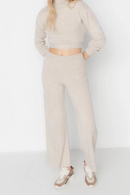 Fashion Knitwear Plain Turtleneck Casual Daily Crop Basic Turtleneck Knitwear Bottom-Top Set