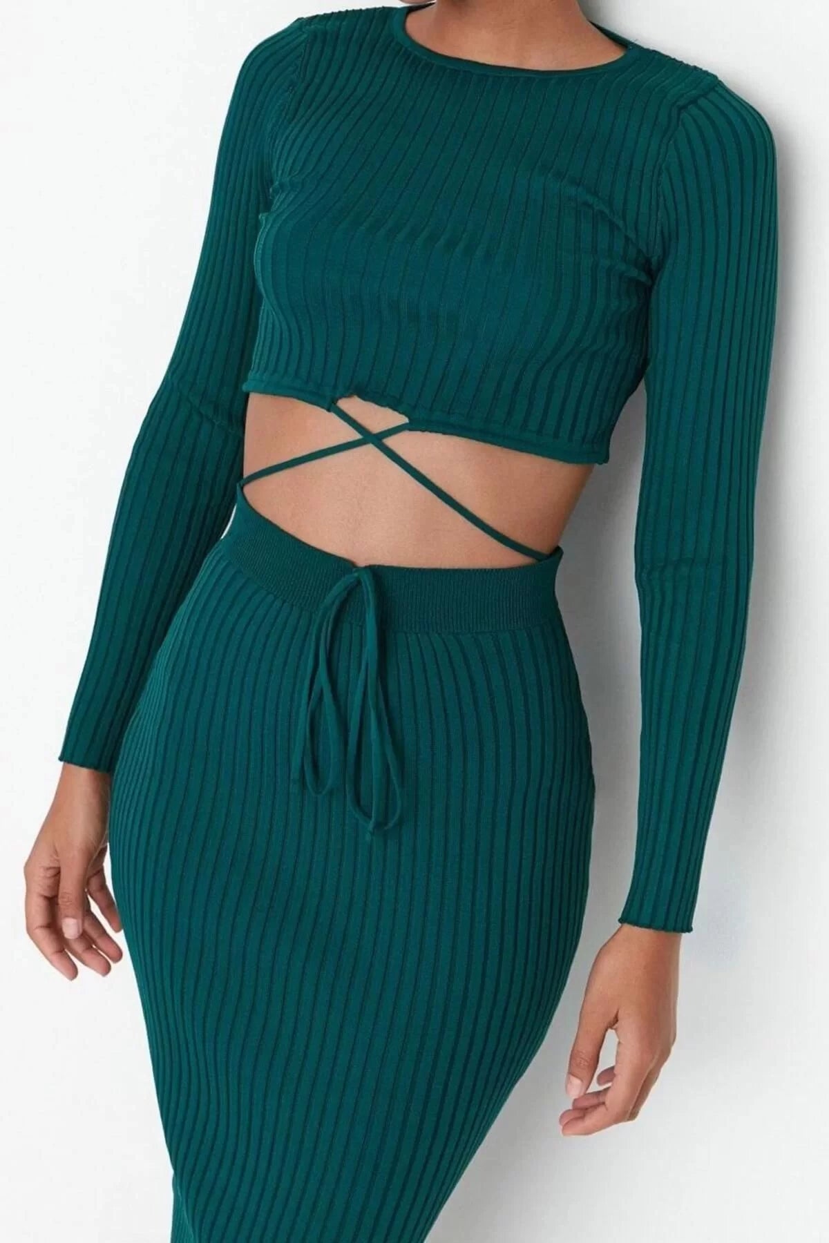 Fashion Knitwear Gradient Crew Neck Daily Green Super Crop Tie Detailed Skirted Knitwear Top-Bottom Set