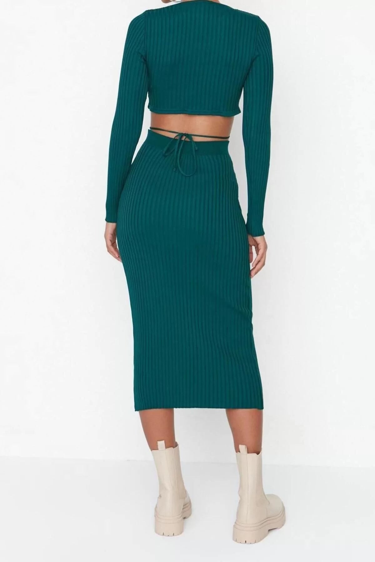 Fashion Knitwear Gradient Crew Neck Daily Green Super Crop Tie Detailed Skirted Knitwear Top-Bottom Set