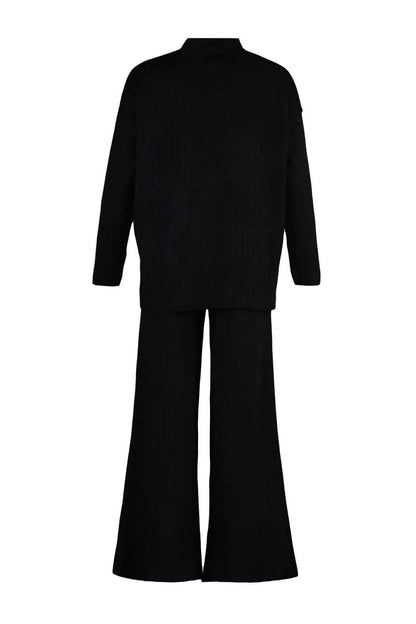 Fashion High Waist Stand Collar Low Sleeve Casual Black Wide Cut Basic Trouser Knitwear Top-Bottom Set