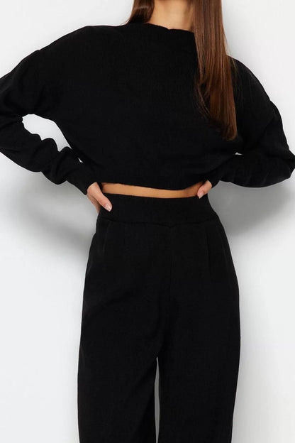 Fashion Knitwear Half Turtleneck Casual Daily Black Super Crop Jogger Pants Knitwear Bottom-Top Set