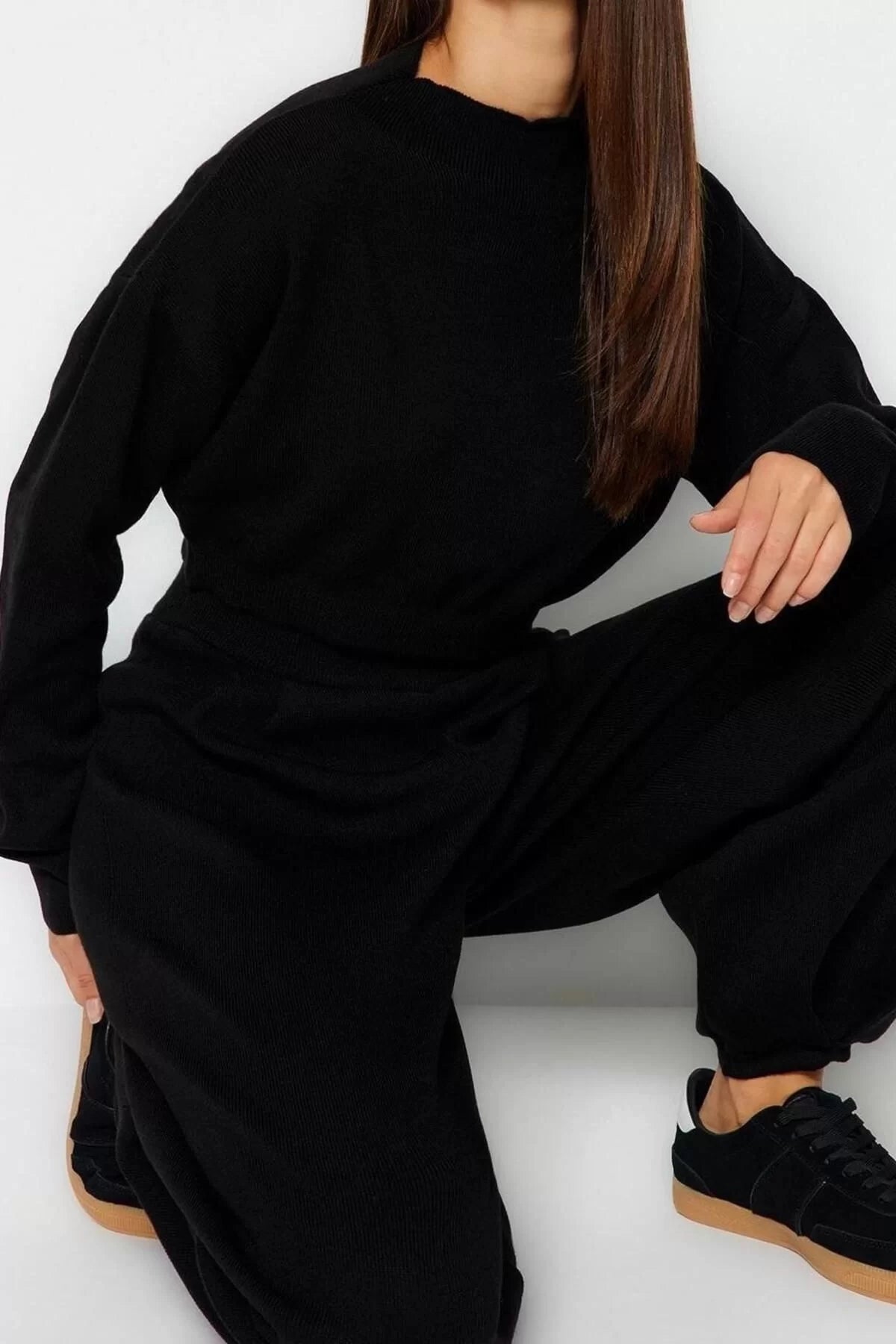 Fashion Knitwear Half Turtleneck Casual Daily Black Super Crop Jogger Pants Knitwear Bottom-Top Set