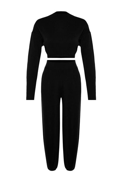 Fashion Knitwear Half Turtleneck Casual Daily Black Super Crop Jogger Pants Knitwear Bottom-Top Set