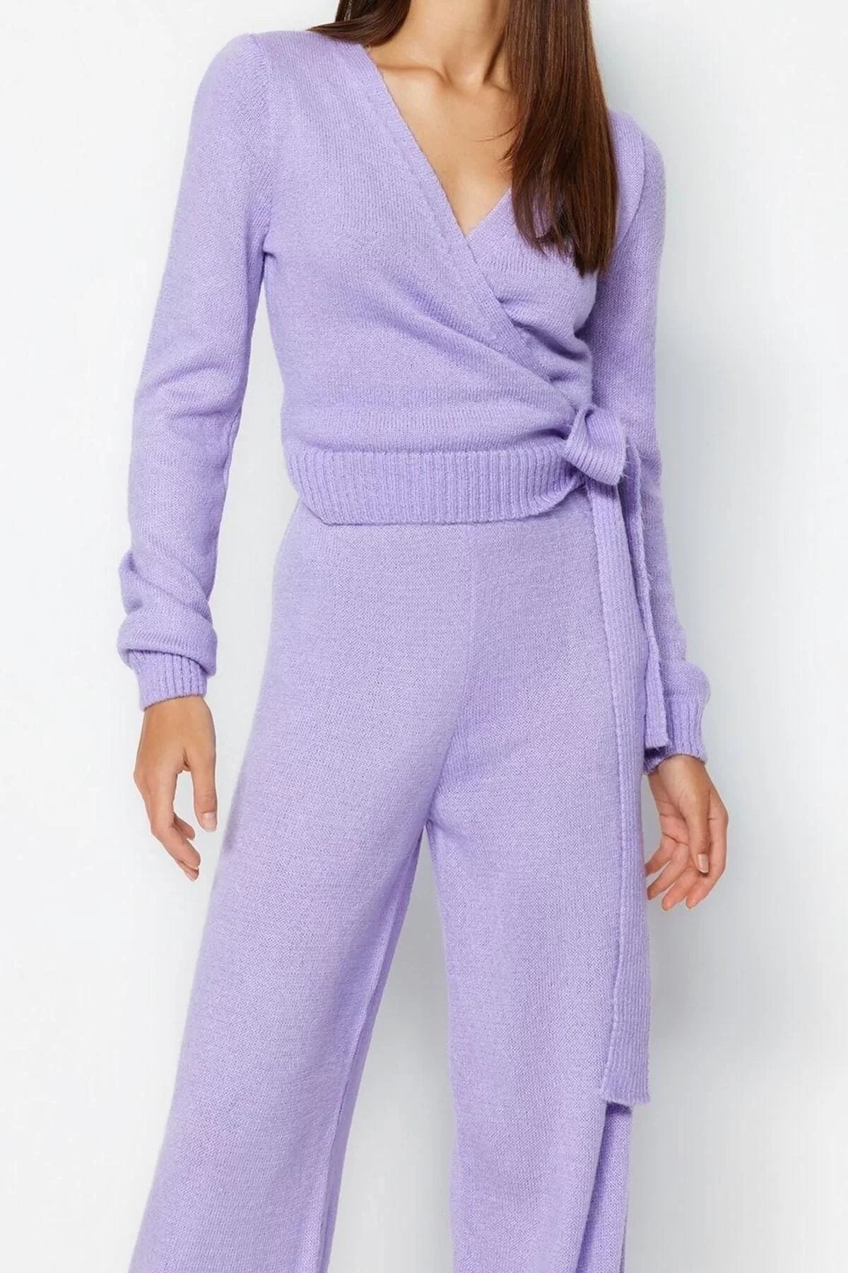 Fashion Plain V Neck Casual Daily Lilac Crop Double Breasted Tie Detailed Knitwear Top-Bottom Set