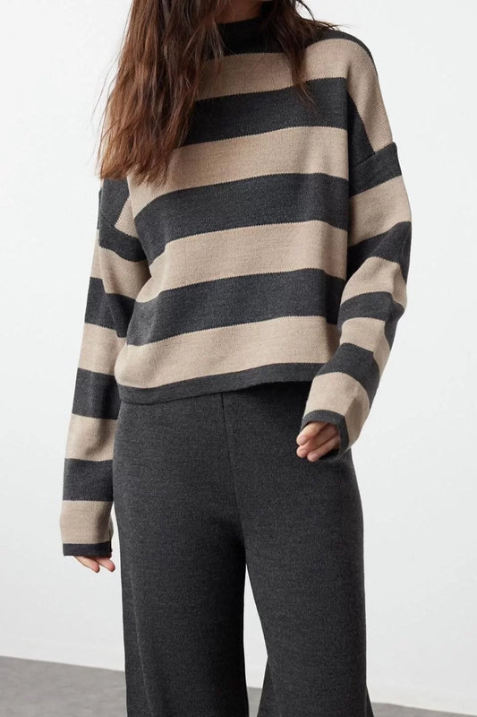 Fashion Knitwear Striped Stand Collar Casual Daily Wide Pattern Striped Knitwear Bottom-Top Set